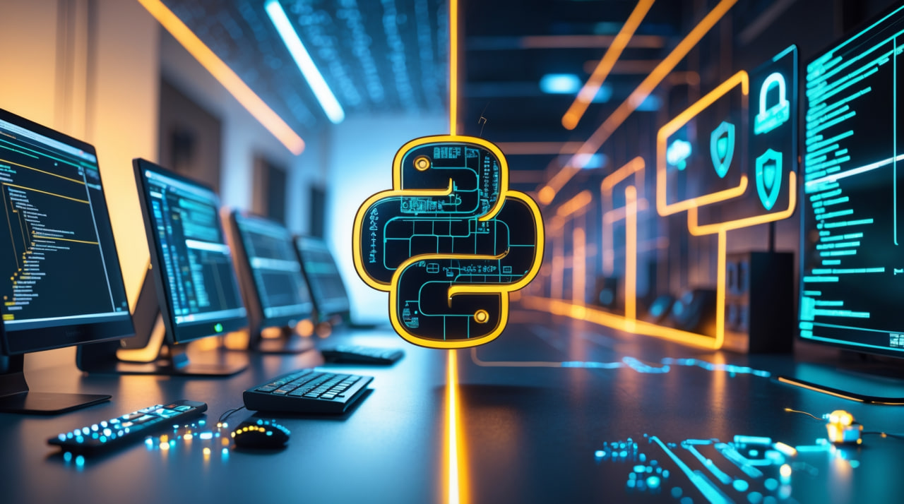 Карьерный переход Python разработчика в кибербезопасность - логотип Python превращается в щит безопасности, слева код разработки, справа инструменты пентеста